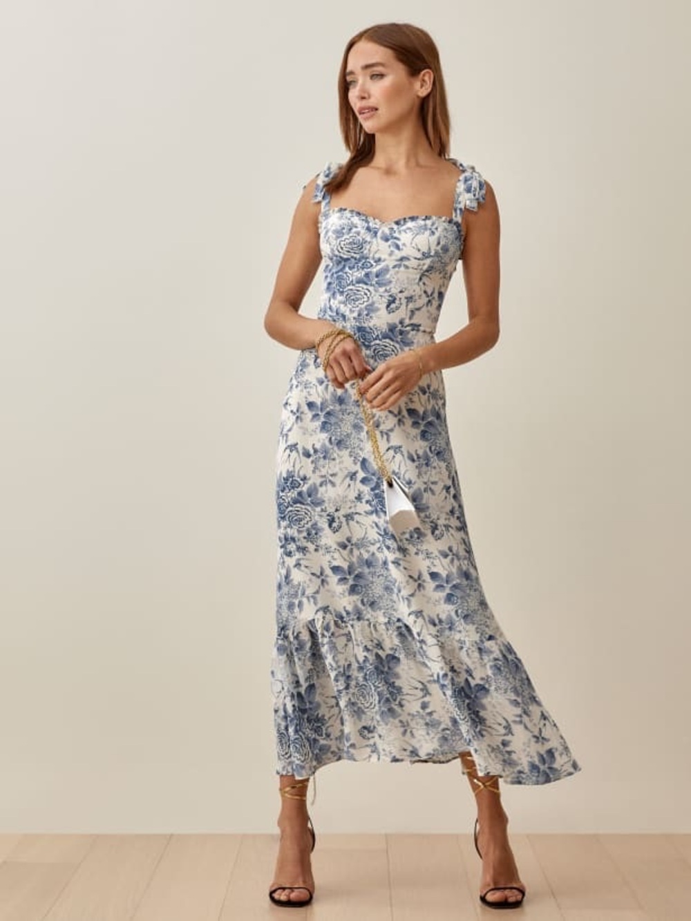 Chicwish swallow and rose floral blue white reformation nikita dupe midi dress